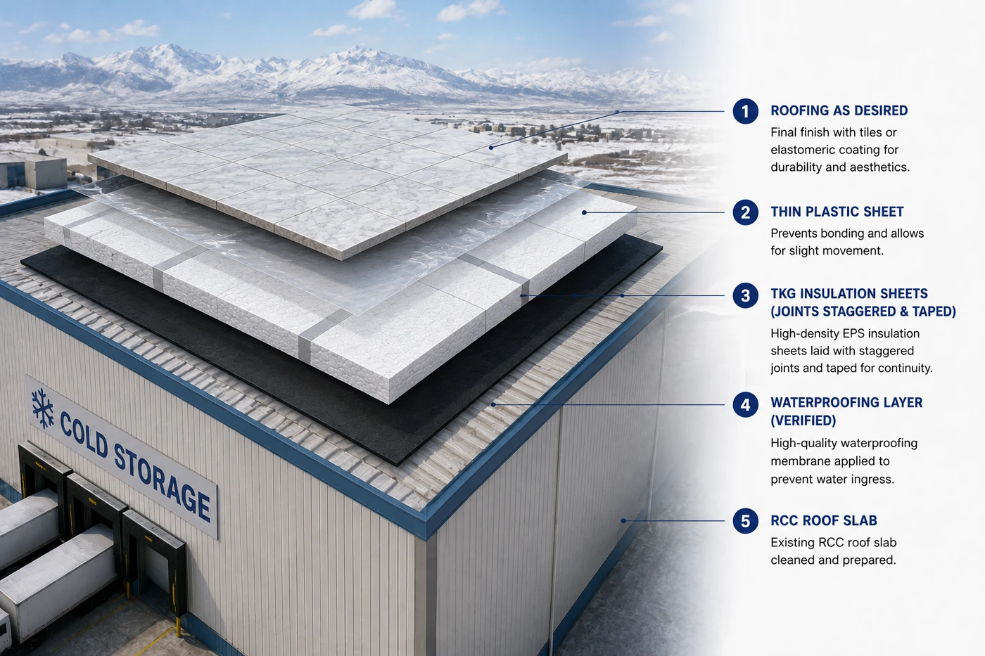 Cold storage roof insulation method: RCC roof slab, waterproofing layer, TKG insulation sheets with staggered and taped joints, thin plastic sheet, roofing as desired