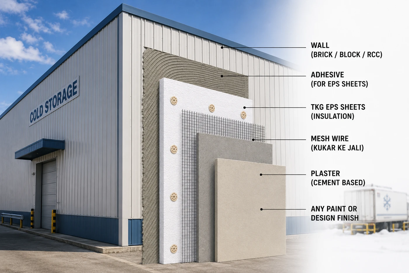 Cold storage wall insulation method: wall brick block or RCC, adhesive, TKG EPS sheets, mesh wire, cement-based plaster, paint or design finish