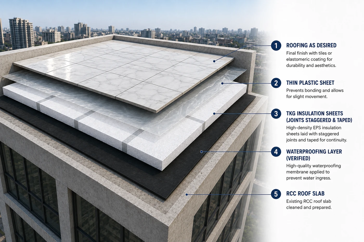 Commercial roof insulation method: RCC roof slab, waterproofing layer, TKG insulation sheets with staggered and taped joints, thin plastic sheet, roofing as desired