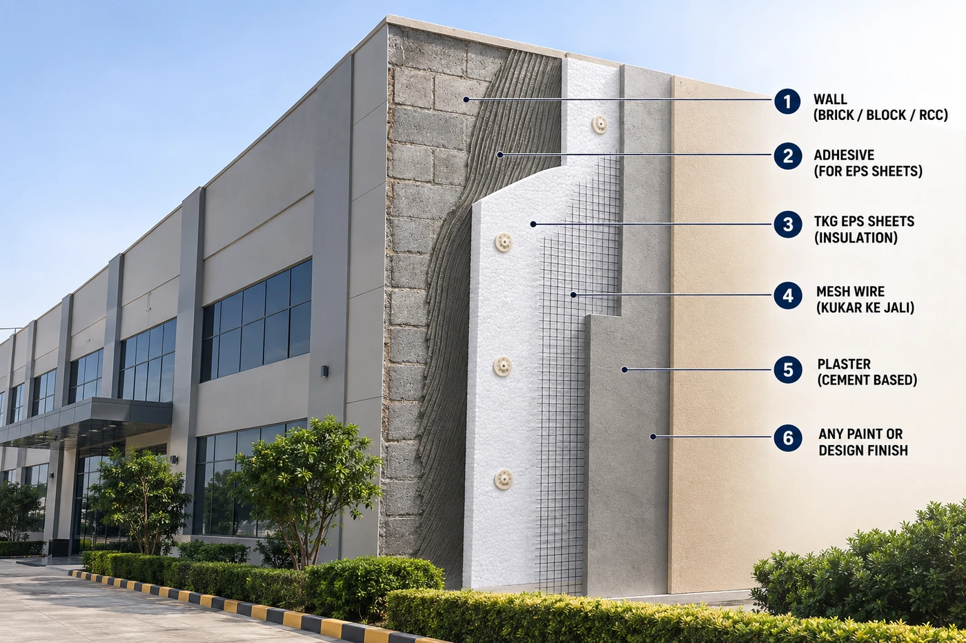 Commercial wall insulation method: wall brick block or RCC, adhesive, TKG EPS sheets, mesh wire, cement-based plaster, paint or design finish