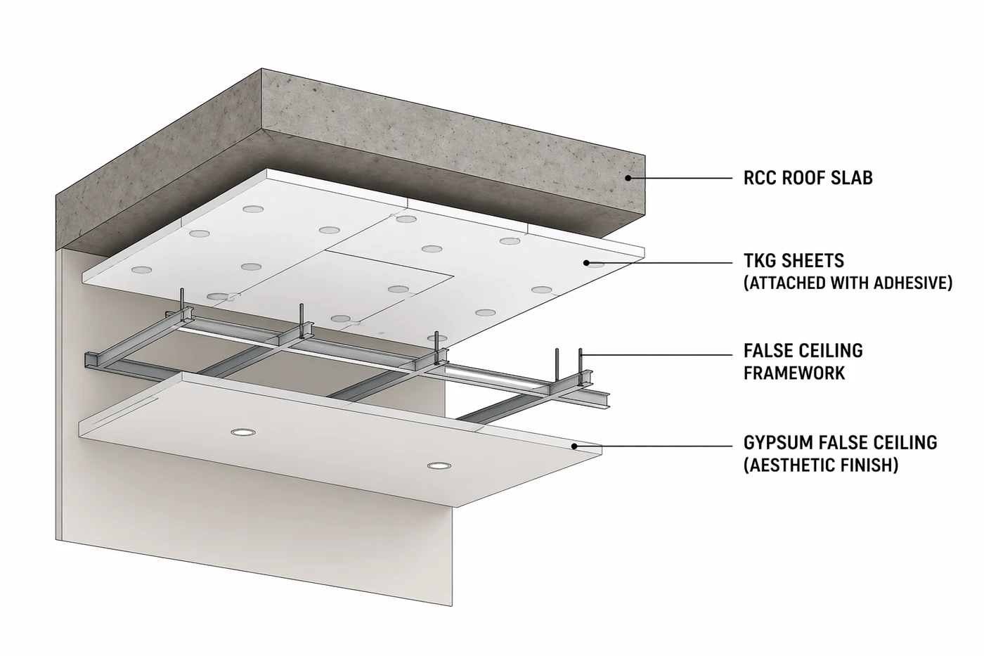 False ceiling method: RCC roof slab, TKG sheets attached with adhesive, false ceiling framework, gypsum false ceiling aesthetic finish