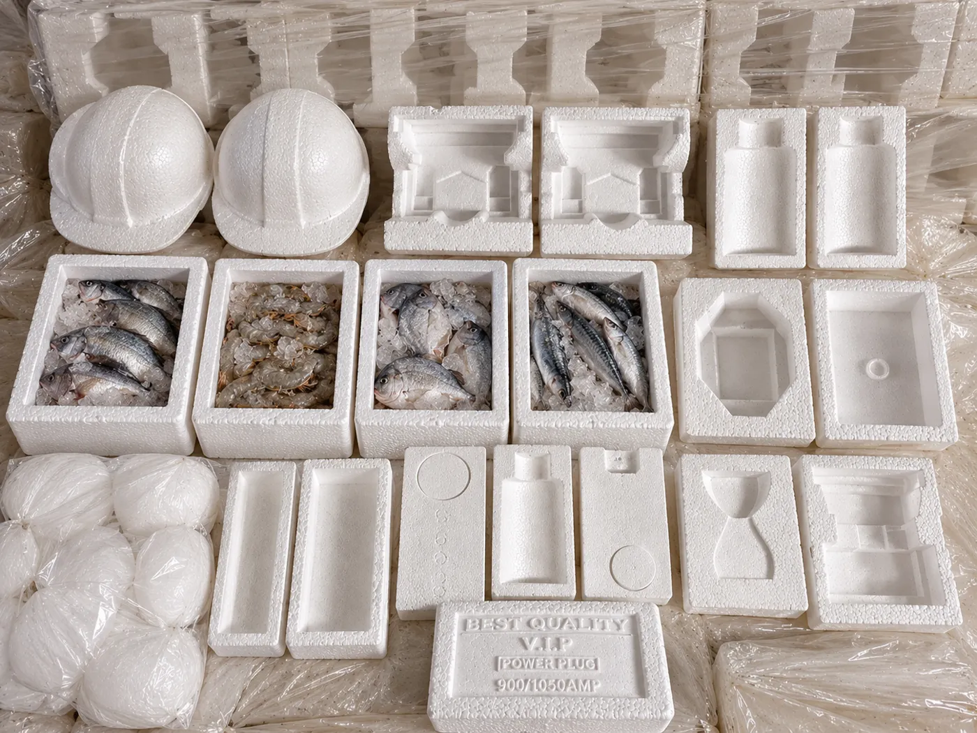 TKG EPS packaging range: helmet moulds, fish boxes, iron, bottle, perfume and power plug packaging