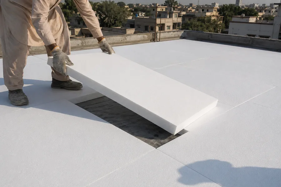 TKG EPS insulation sheet being installed on a Karachi rooftop